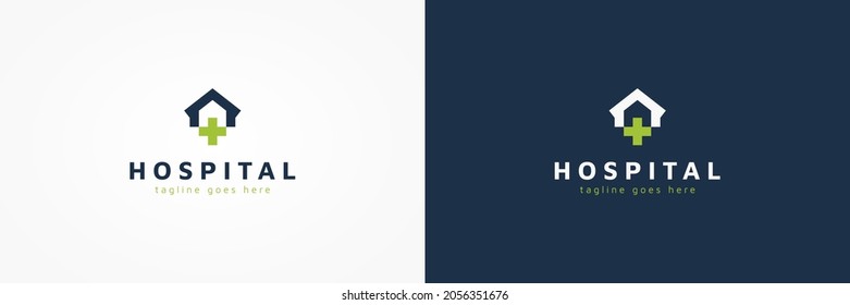 Hospital Logo. House with Cross Plus Sign Combination isolated on Double Background. Flat Vector Logo Design Template Element for Healthcare and Medical Logos.