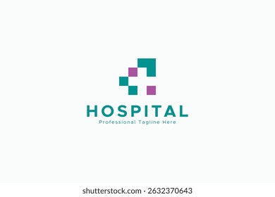 Hospital Logo Image. Negative Space Cross Sign With Square Pixels Isolated On White Background. Flat Vector Logo Design Template Element Usable For Healthcare And Medical Logos.