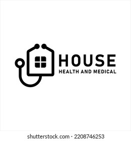 Logo del hospital con Stethoscope y diseño de la casa para la industria médica.