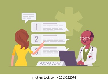 Hospital male administrator, professional healthcare receptionist and patient visitor. Man welcoming woman, fixing clinic appointment using medical software, giving information. Vector illustration