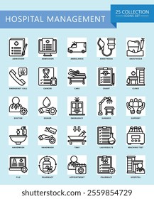 Hospital management black outline icons set. contain surgery, appointment, doctor, nurse, diagnostic, clinic and more. Vector EPS 10 for print, digital UI, UX kit, web and app for business management.