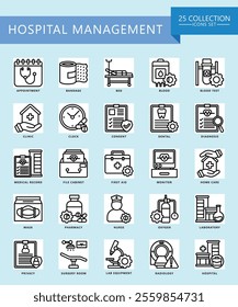 Hospital management black outline icons set. contain calendar, appointment, doctor, nurse, diagnostic, clinic and more. Vector EPS 10 for print, digital UI, UX kit, web and app for business management