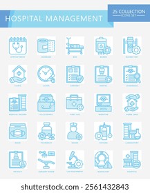 Hospital management dual tone icons set. contain calendar, appointment, doctor, nurse, diagnostic, clinic and more. Vector EPS 10 for print, digital UI, UX kit, web and app for business management.