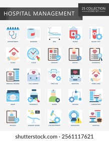 Hospital management flat color icons set. contain calendar, appointment, doctor, nurse, diagnostic, clinic and more. Vector EPS 10 for print, digital UI, UX kit, web and app for business management