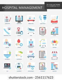 Hospital management flat color icons set. contain surgery, appointment, doctor, nurse, diagnostic, clinic and more. Vector EPS 10 for print, digital UI, UX kit, web and app for business management.