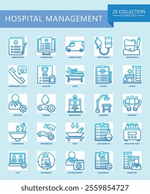 Hospital management gradient icons set. contain surgery, tray, appointment, doctor, nurse, diagnostic, clinic and more. Vector EPS 10 for print, digital UI, UX kit, web and app for business management