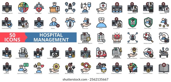 Hospital management icon collection set. Containing healthcare system, public health, administration, network, medical service icon. Simple flat outline vector illustration