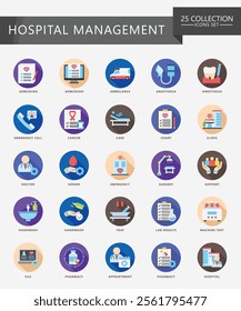 Hospital management rounded color icons set. contain surgery, appointment, doctor, nurse, diagnostic, clinic and more. Vector EPS 10 for print, digital UI, UX kit, web and app for business management.