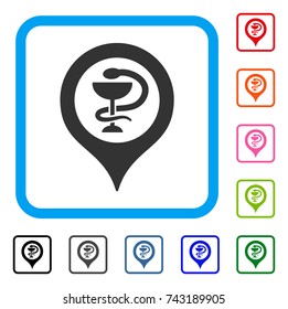 Hospital Map Marker icon. Flat gray pictogram symbol inside a light blue rounded squared frame. Black, gray, green, blue, red, orange color additional versions of Hospital Map Marker vector.