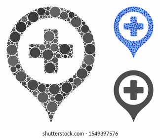 Hospital map marker mosaic of filled circles in different sizes and shades, based on hospital map marker icon. Vector filled circles are combined into blue mosaic.