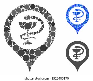 Hospital map marker mosaic for hospital map marker icon of circle elements in various sizes and color hues. Vector round elements are grouped into blue mosaic.
