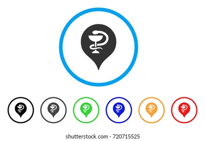 Hospital Map Marker rounded icon. Style is a flat hospital map marker grey symbol inside light blue circle with black, gray, green, blue, red, orange variants.