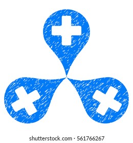 Hospital Map Markers grainy textured icon for overlay watermark stamps. Flat symbol with unclean texture. Dotted vector blue ink rubber seal stamp with grunge design on a white background.