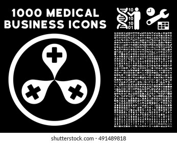 Hospital Map Markers icon with 1000 medical commerce white vector pictograms. Set style is flat symbols, black background.