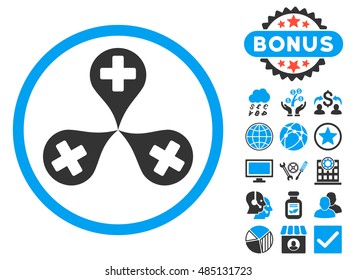 Hospital Map Markers icon with bonus design elements. Vector illustration style is flat iconic bicolor symbols, blue and gray colors, white background.