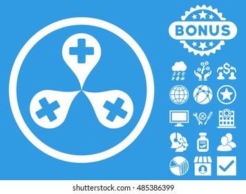 Hospital Map Markers icon with bonus symbols. Vector illustration style is flat iconic symbols, white color, blue background.