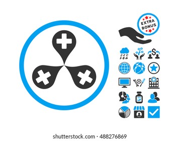 Hospital Map Markers icon with bonus design elements. Vector illustration style is flat iconic bicolor symbols, blue and gray colors, white background.
