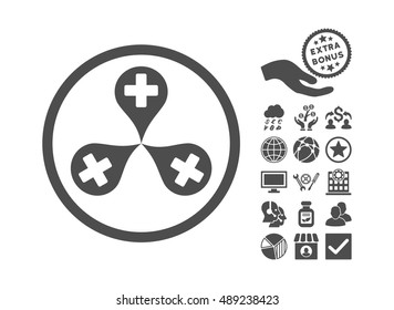 Hospital Map Markers icon with bonus pictogram. Vector illustration style is flat iconic symbols, gray color, white background.