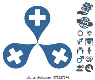Hospital Map Markers icon with bonus amour clip art. Vector illustration style is flat rounded iconic cobalt and gray symbols on white background.