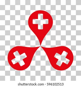 Hospital Map Markers icon. Vector illustration style is flat iconic symbol, intensive red color, transparent background. Designed for web and software interfaces.