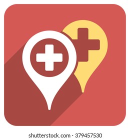 Hospital Map Markers long shadow vector icon. Style is a light flat symbol on a red rounded square button.