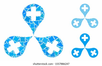 Hospital map markers mosaic of humpy pieces in different sizes and color tinges, based on hospital map markers icon. Vector tremulant parts are composed into mosaic.