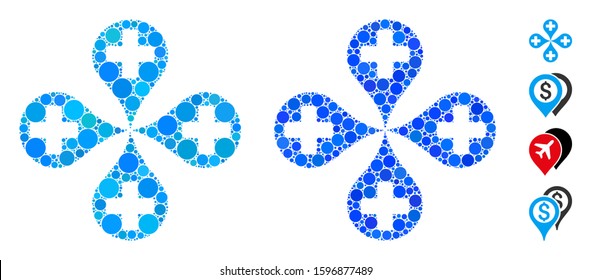 Hospital map markers mosaic of round dots in various sizes and shades, based on hospital map markers icon. Vector round dots are composed into blue collage.