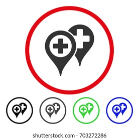 Hospital Map Markers rounded icon. Vector illustration style is a flat iconic symbol inside a red circle, with black, grey, blue, green versions. Designed for web and software interfaces.