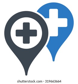 Hospital Map Markers vector icon. Style is bicolor flat symbol, smooth blue colors, rounded angles, white background.