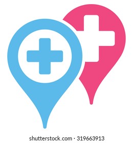 Hospital Map Markers vector icon. Style is bicolor flat symbol, pink and blue colors, rounded angles, white background.