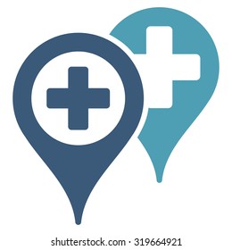Hospital Map Markers vector icon. Style is bicolor flat symbol, cyan and blue colors, rounded angles, white background.