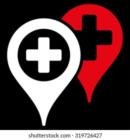Hospital Map Markers vector icon. Style is bicolor flat symbol, red and white colors, rounded angles, black background.