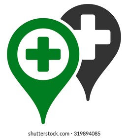 Hospital Map Markers vector icon. Style is bicolor flat symbol, green and gray colors, rounded angles, white background.