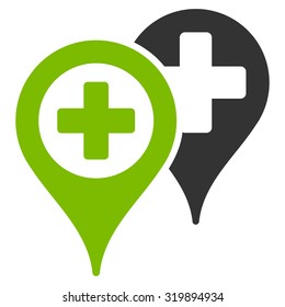 Hospital Map Markers vector icon. Style is bicolor flat symbol, eco green and gray colors, rounded angles, white background.