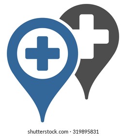 Hospital Map Markers vector icon. Style is bicolor flat symbol, cobalt and gray colors, rounded angles, white background.