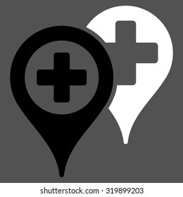 Hospital Map Markers vector icon. Style is bicolor flat symbol, black and white colors, rounded angles, gray background.
