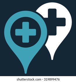Hospital Map Markers vector icon. Style is bicolor flat symbol, blue and white colors, rounded angles, dark blue background.