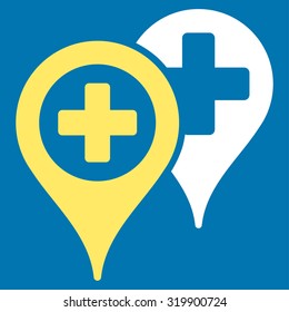Hospital Map Markers vector icon. Style is bicolor flat symbol, yellow and white colors, rounded angles, blue background.
