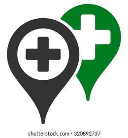 Hospital Map Markers vector icon. Style is bicolor flat symbol, green and gray colors, rounded angles, white background.