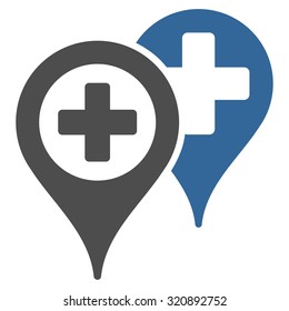 Hospital Map Markers vector icon. Style is bicolor flat symbol, cobalt and gray colors, rounded angles, white background.