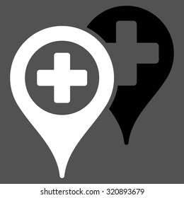 Hospital Map Markers vector icon. Style is bicolor flat symbol, black and white colors, rounded angles, gray background.