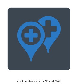 Hospital Map Markers vector icon. Style is flat rounded square button, smooth blue colors, white background.