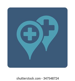 Hospital Map Markers vector icon. Style is flat rounded square button, cyan and blue colors, white background.