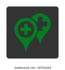 Hospital Map Markers vector icon. Style is flat rounded square button, green and gray colors, white background.