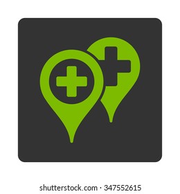 Hospital Map Markers vector icon. Style is flat rounded square button, eco green and gray colors, white background.