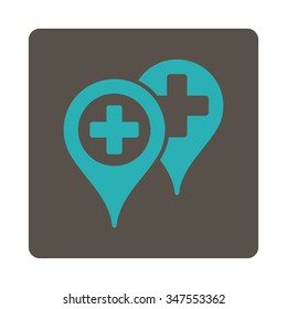 Hospital Map Markers vector icon. Style is flat rounded square button, cyan and grey colors, white background.