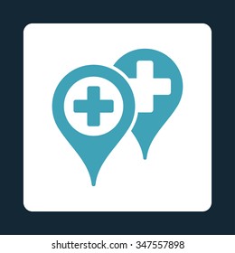 Hospital Map Markers vector icon. Style is flat rounded square button, blue and white colors, dark blue background.