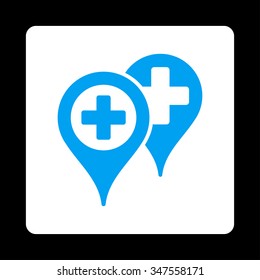 Hospital Map Markers vector icon. Style is flat rounded square button, blue and white colors, black background.