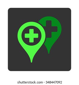 Hospital Map Markers vector icon. Style is flat rounded square dark gray button, green symbol, white background.