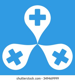 Hospital Map Markers vector icon. Style is flat symbol, white color, rounded angles, blue background.